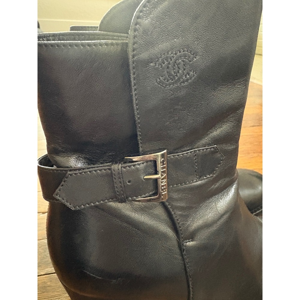 Vintage 90s Chanel Black Leather CC Logo Ankle Boots Buckle Moto 36.5 - Picture 7 of 12